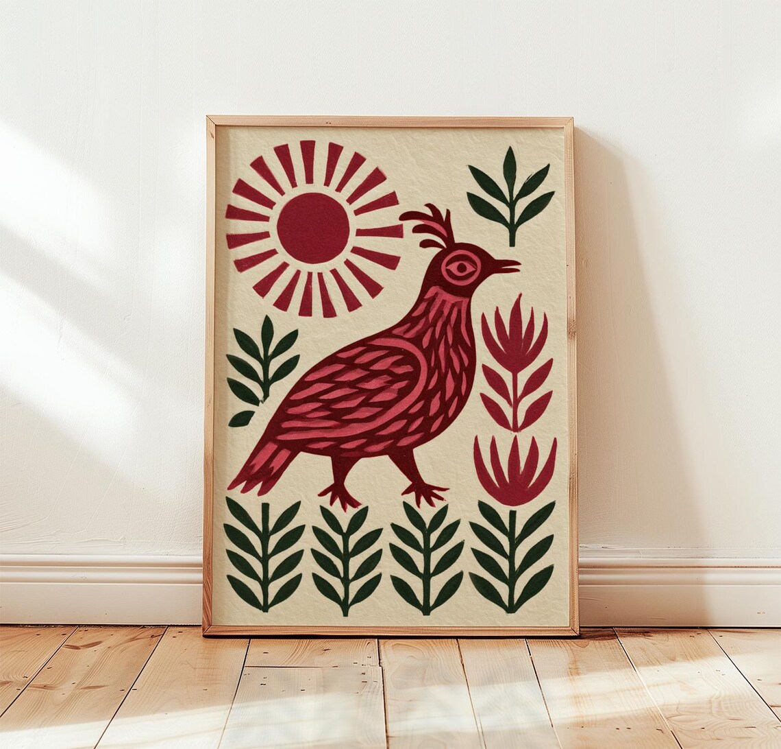Red Quail Green Folk Botanical Wall Art Print