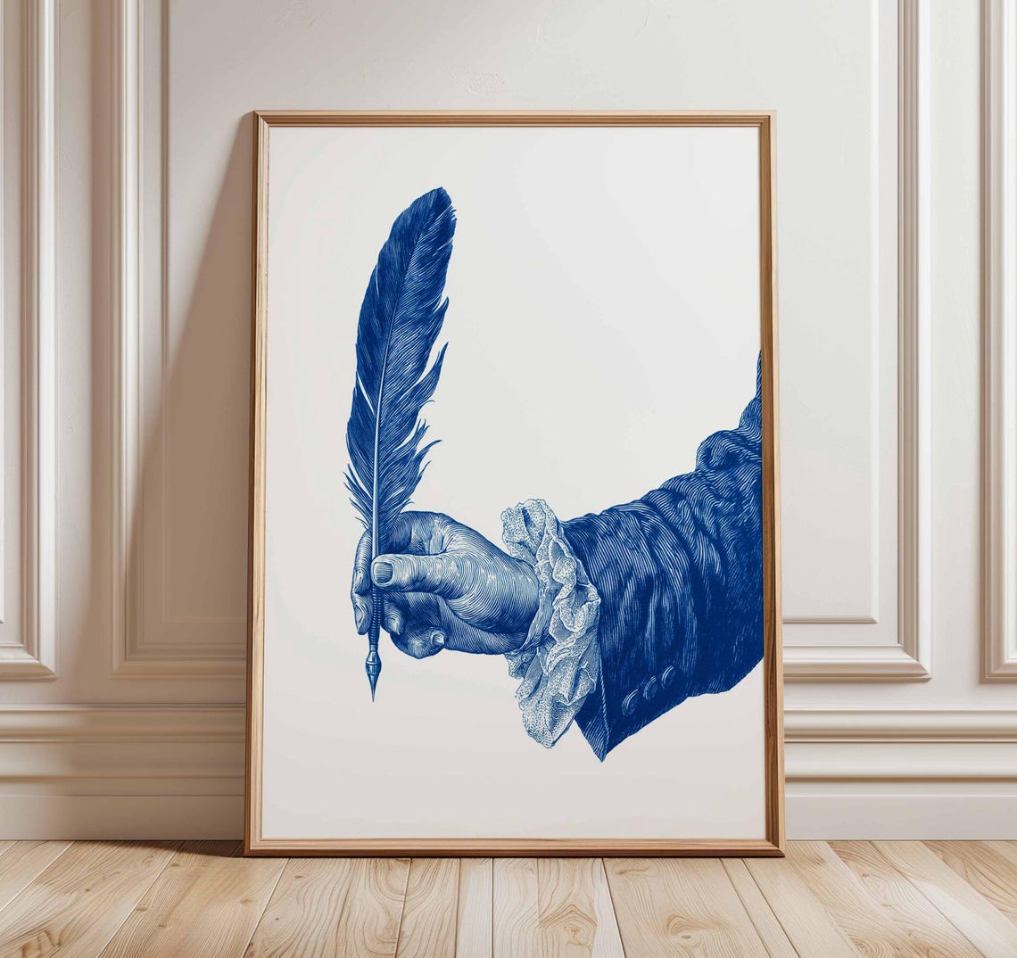Vintage Quill Feather Pen Blue Ink Engraving Illustration Wall Art