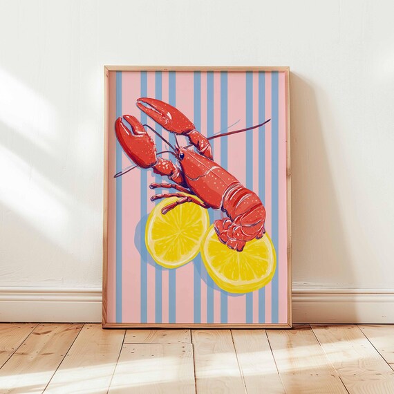 Pop Art Lobster Poster Coastal Kitchen Wall Print Pink Striped Seafood Decor Lemon Nautical Artwork Retro Beach Unframed