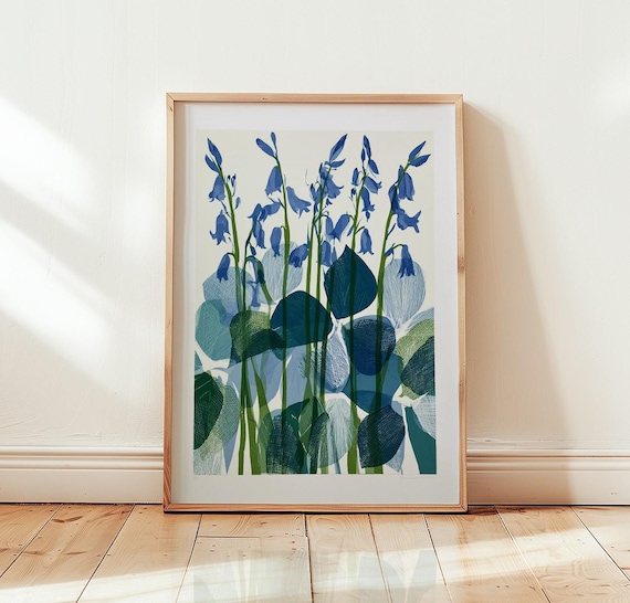 Abstract Bluebells Layered Botanical Blue Floral Garden Wall Art