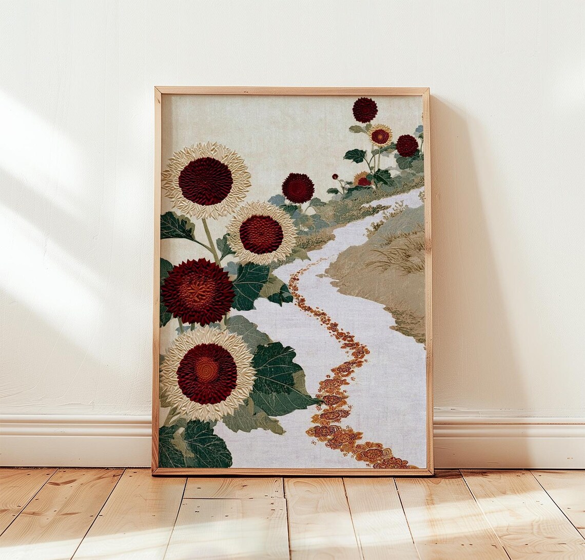 Red Sunflower Poster Print, Neutral Botanical Art