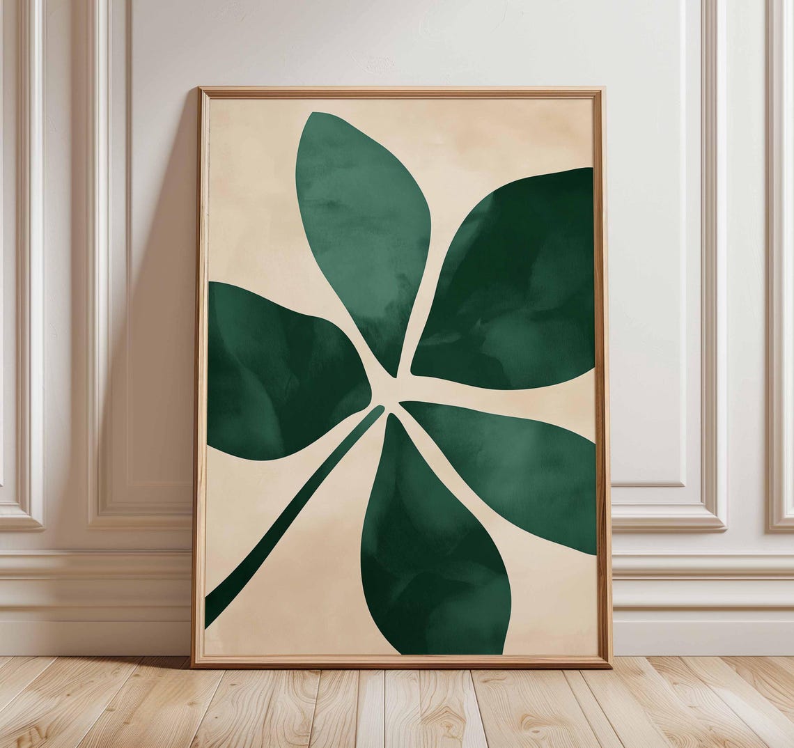 Emerald Green Leaf Abstract Botanical Scandinavian Minimalist Wall Art