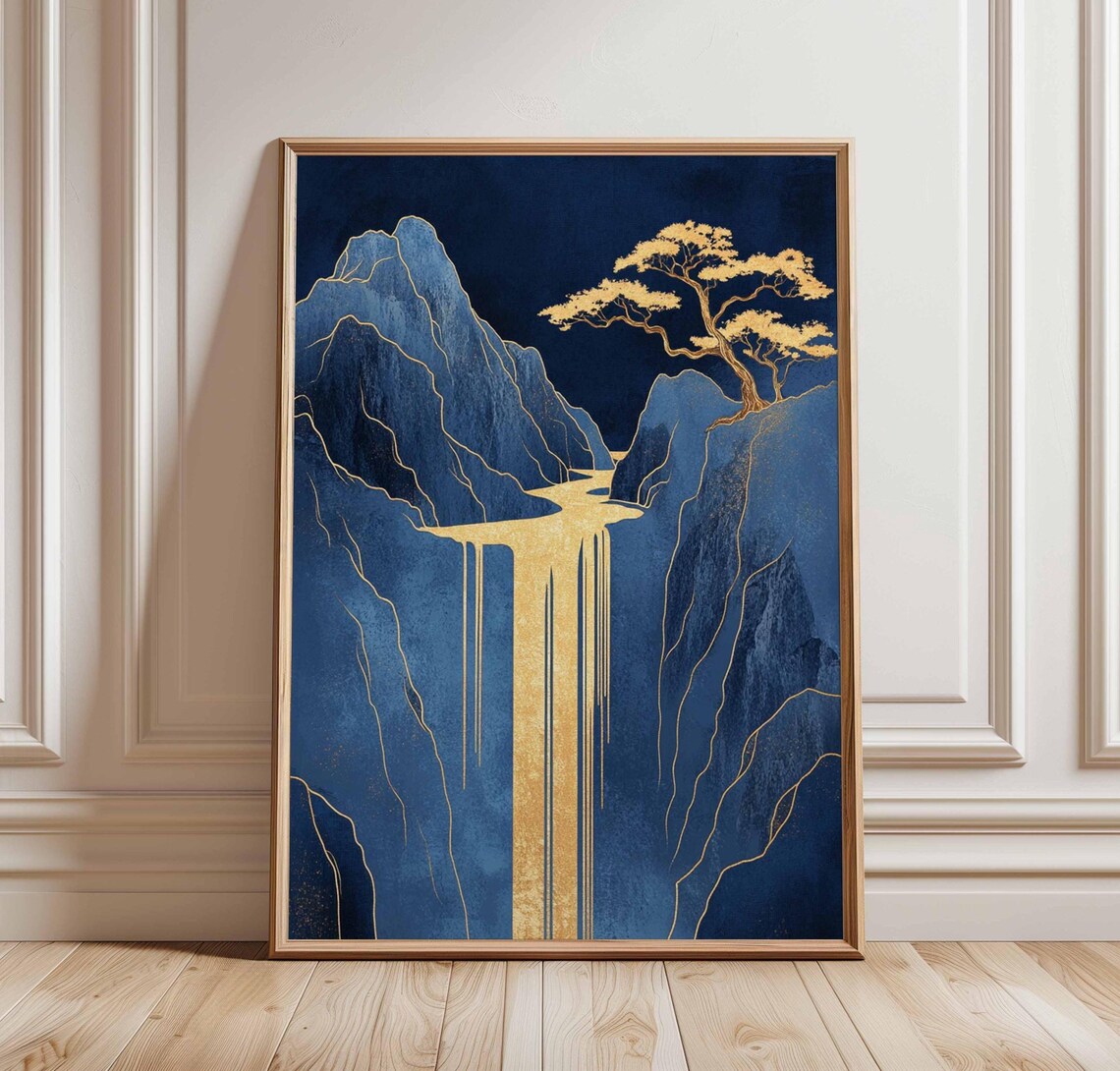 Golden Waterfall Blue Mountain Poster Asian Style Nature Art