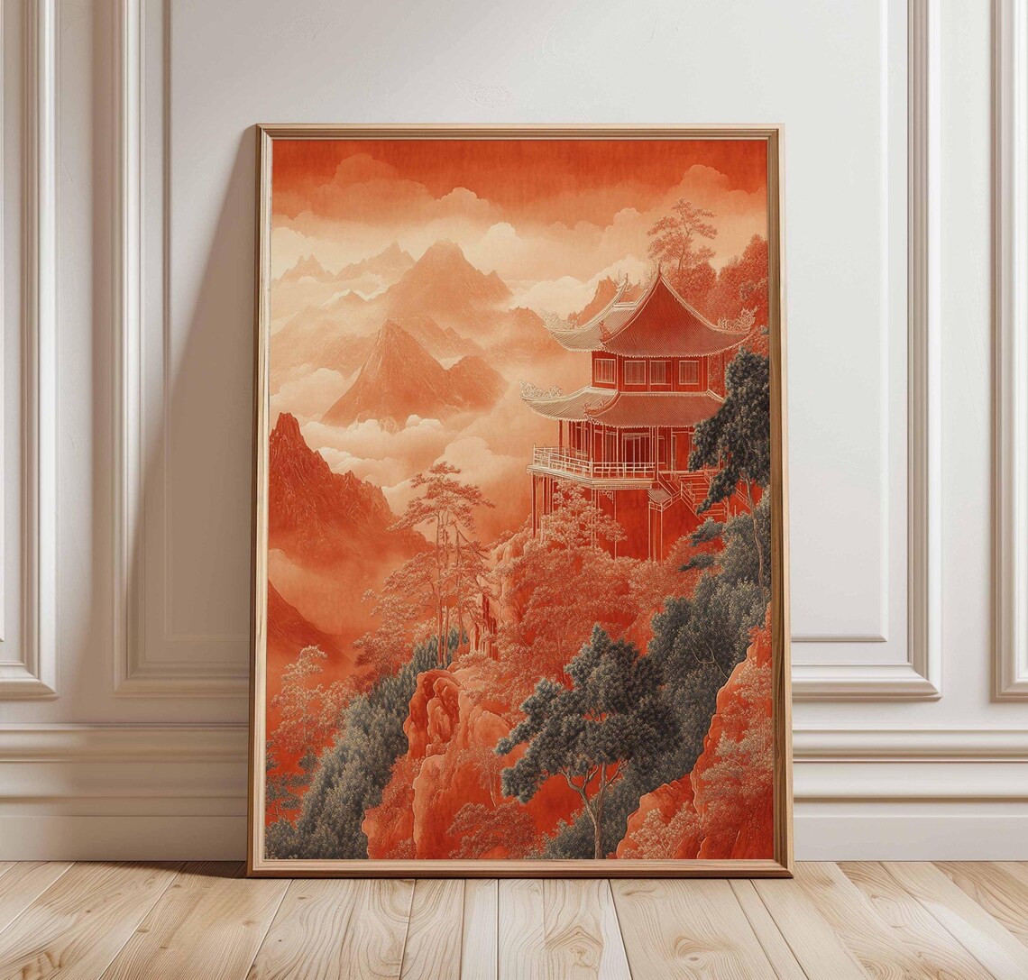 Red Chinese Pagoda In Misty Orange Mountain Peaks Scenic Poster