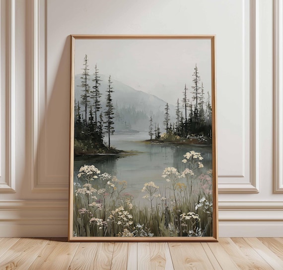 Misty Forest Lake Neutral Landscape Pine Trees Wildflowers Serene Art Poster