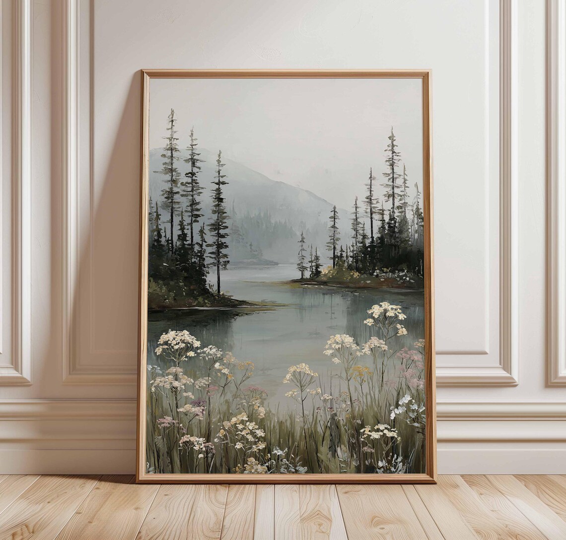 Misty Forest Lake Neutral Landscape Pine Trees Wildflowers Serene Art Poster
