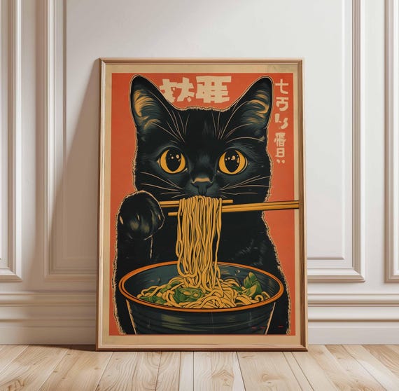 Black Cat Ramen Poster Japanese Food Art Cute Noodle Print Kawaii Asian Wall Decor Bowl Kitchen