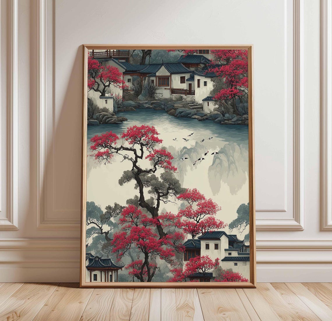 Serene Chinese Riverside Village Red Trees Ink Wash Art Poster