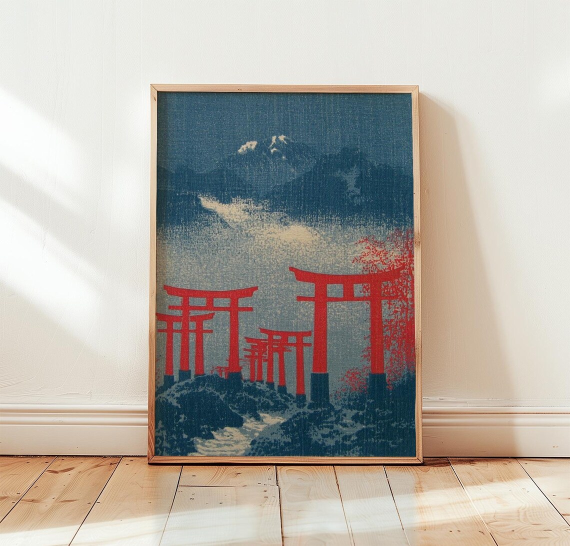 Japanese Torii Gates Vintage Style Poster With Red Shrines and Mountains