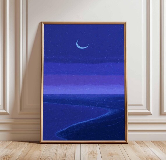 Moonlit Ocean Poster Starry Night Sea Wall Art Peaceful Crescent Moon Landscape Print Tranquil Blue Coastal Decor