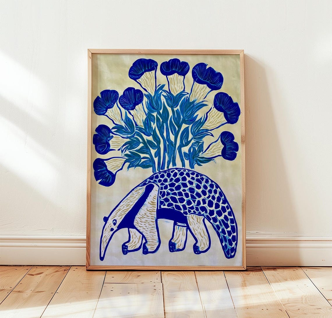 Blue Anteater Carrying Blue Flowers Folk Woodblock Style Poster