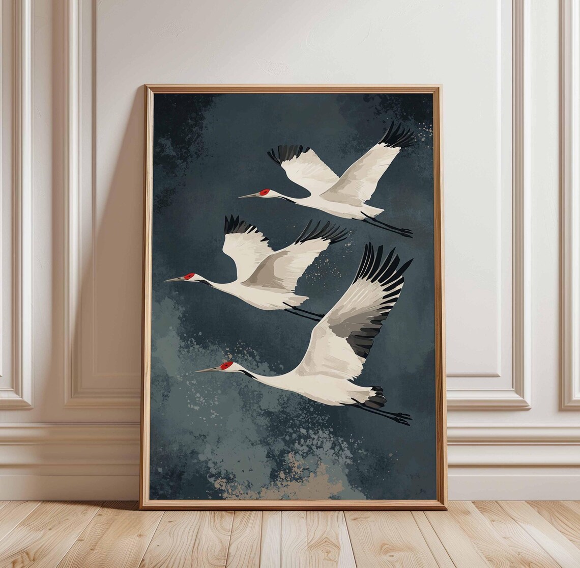Three Flying White Cranes Japanese Inspired Bird Nature Art Poster