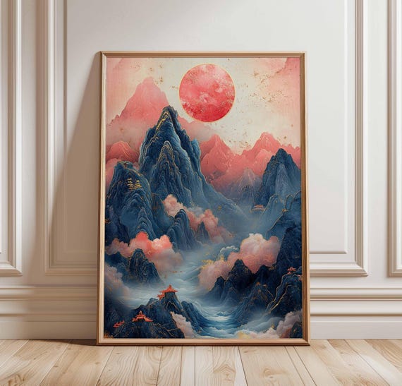 Red Sun Mountain Landscape Poster Asian Style Art Print Misty Mountains And Temples Tranquil Nature Oriental Wall Decor