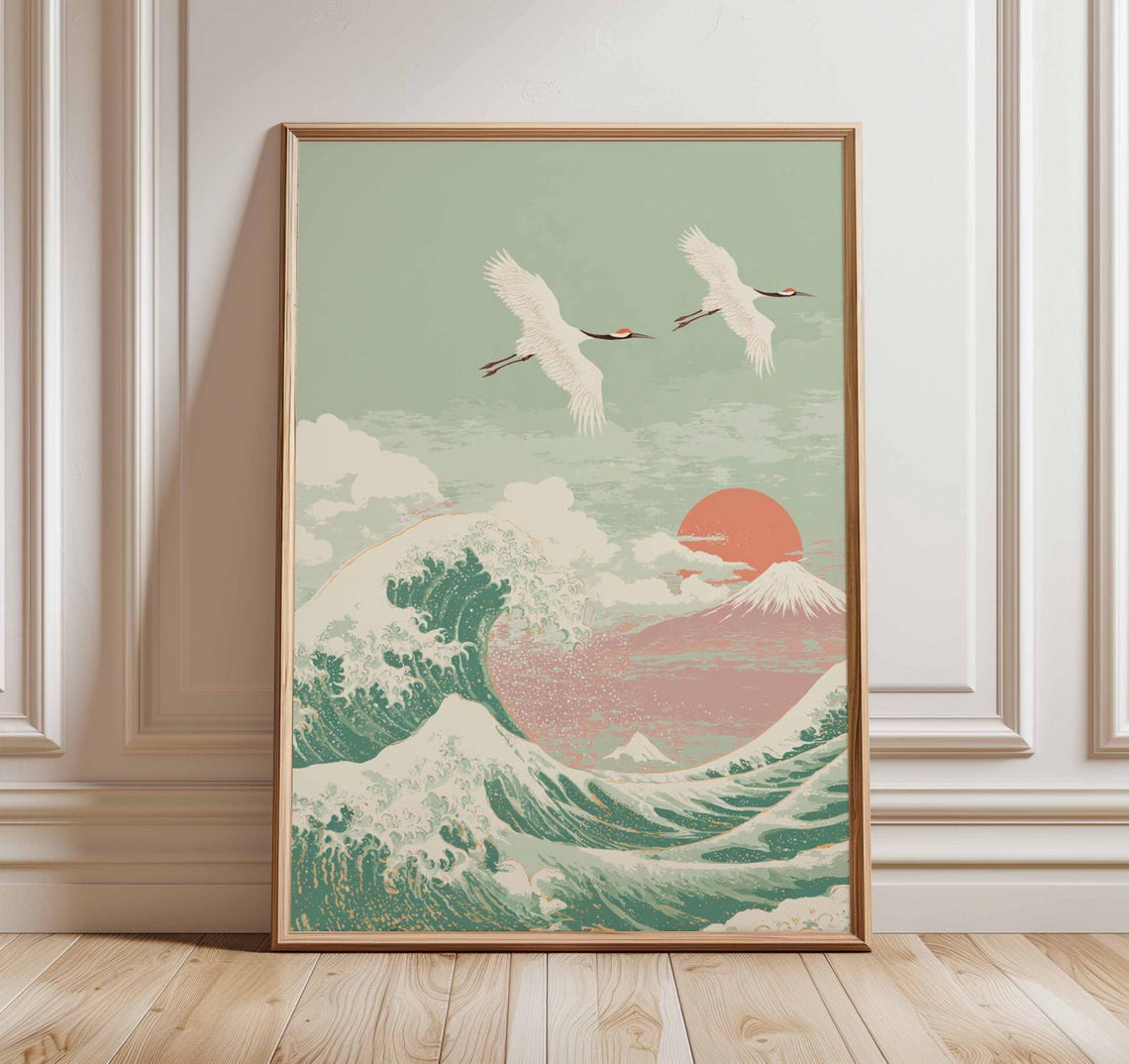 Japanese Great Wave With Mount Fuji Cranes And Red Sun Art Poster