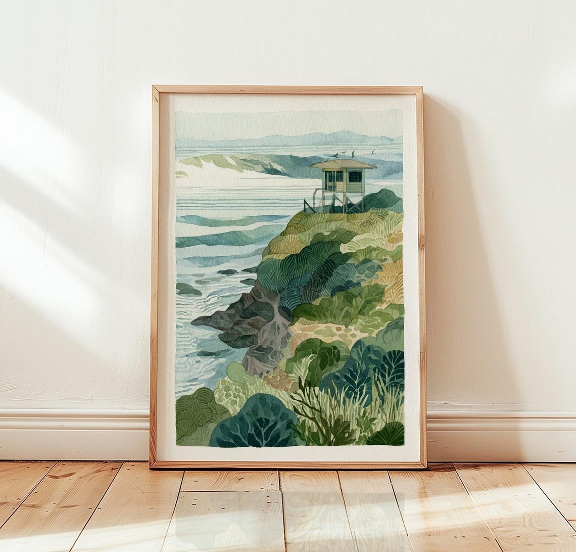 Coastal Cliff Lookout Watercolor Poster Ocean Waves Green Shore Art