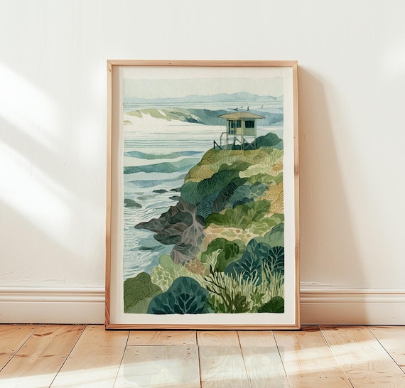 Coastal Cliff Lookout Watercolor Poster Ocean Waves Green Shore Art