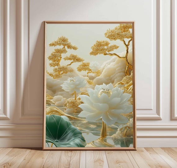 Golden Blossom Poster Elegant Nature Art Asianinspired Floral Print Tranquil Water Garden Serene Landscape Zen Decor