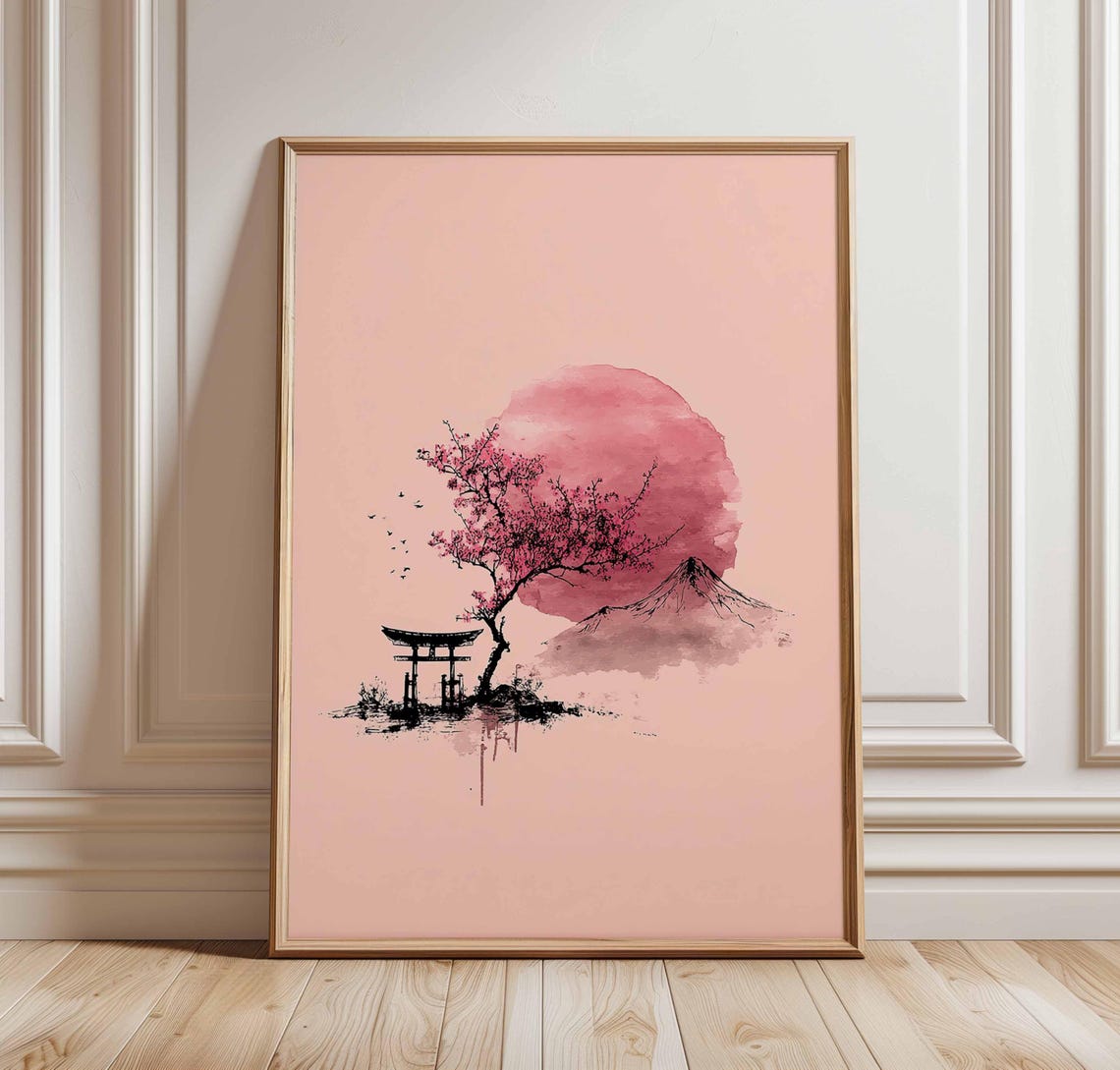 Japanese Pink Sun Torii Gate Cherry Blossom Minimalist Art Print