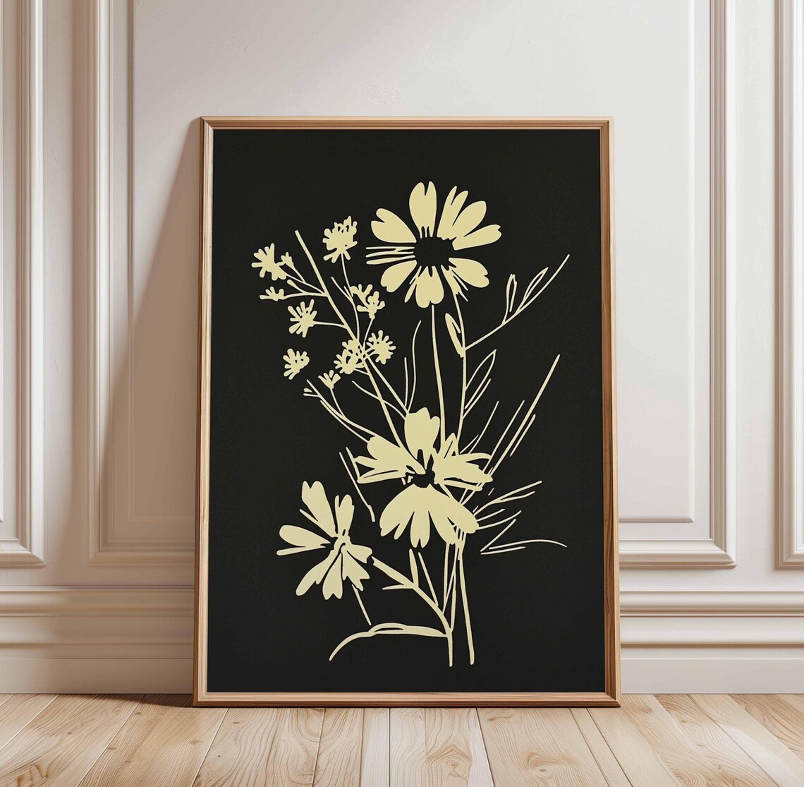 Cream Cosmos Flowers On Black Minimalist Botanical Art Poster