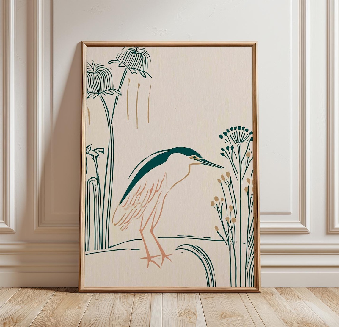 Night Heron Woodblock Bird Botanical Wall Art
