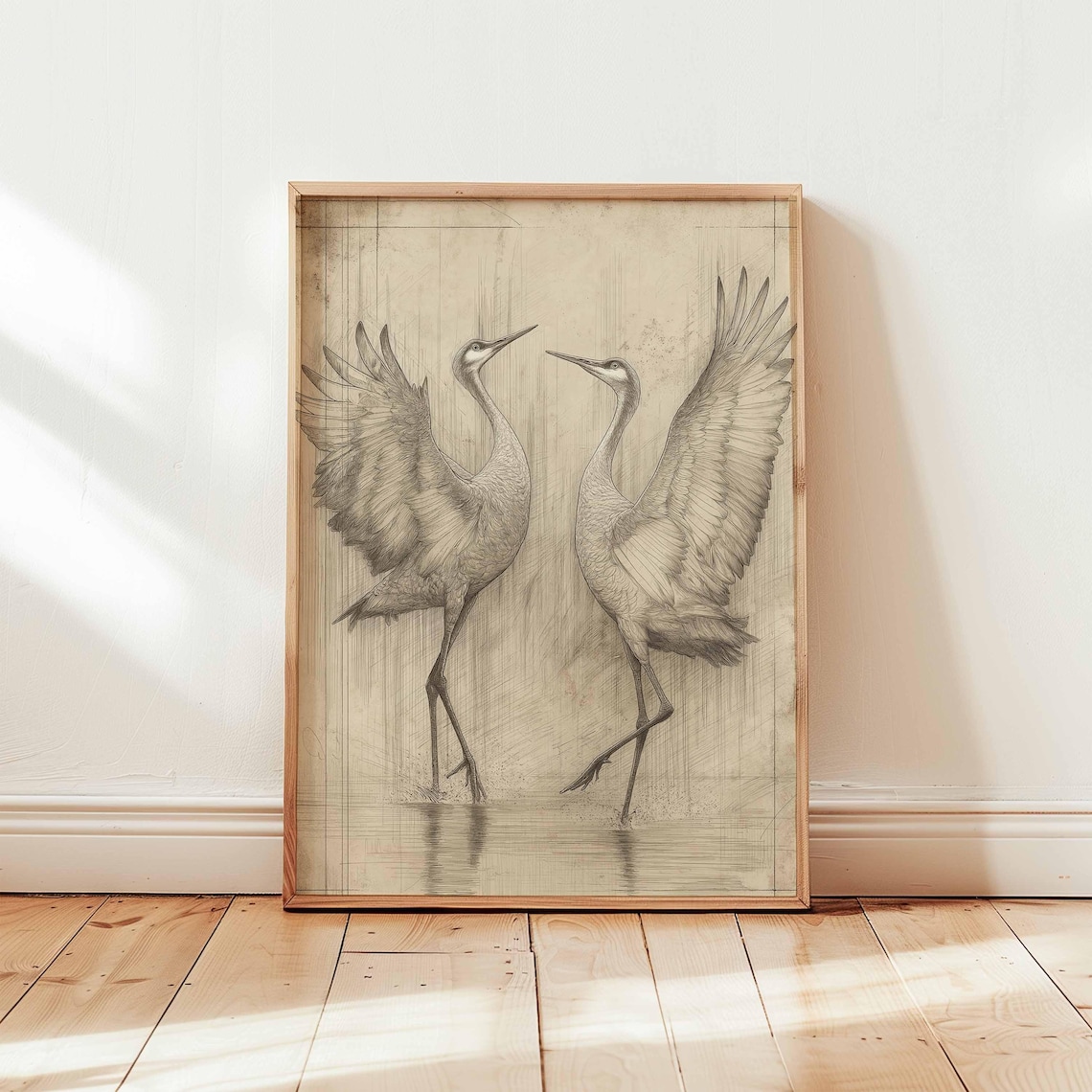 Dancing Cranes Vintage Pencil Bird Sketch Art Print