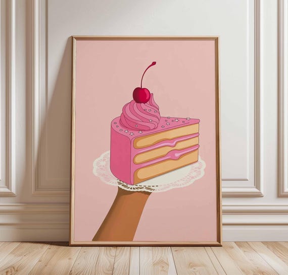 Pink Cake Slice Wall Art Poster Cherry Dessert Print Modern Pop Style Unframed Kitchen Artwork Cute Food Decor For Bakery Lovers