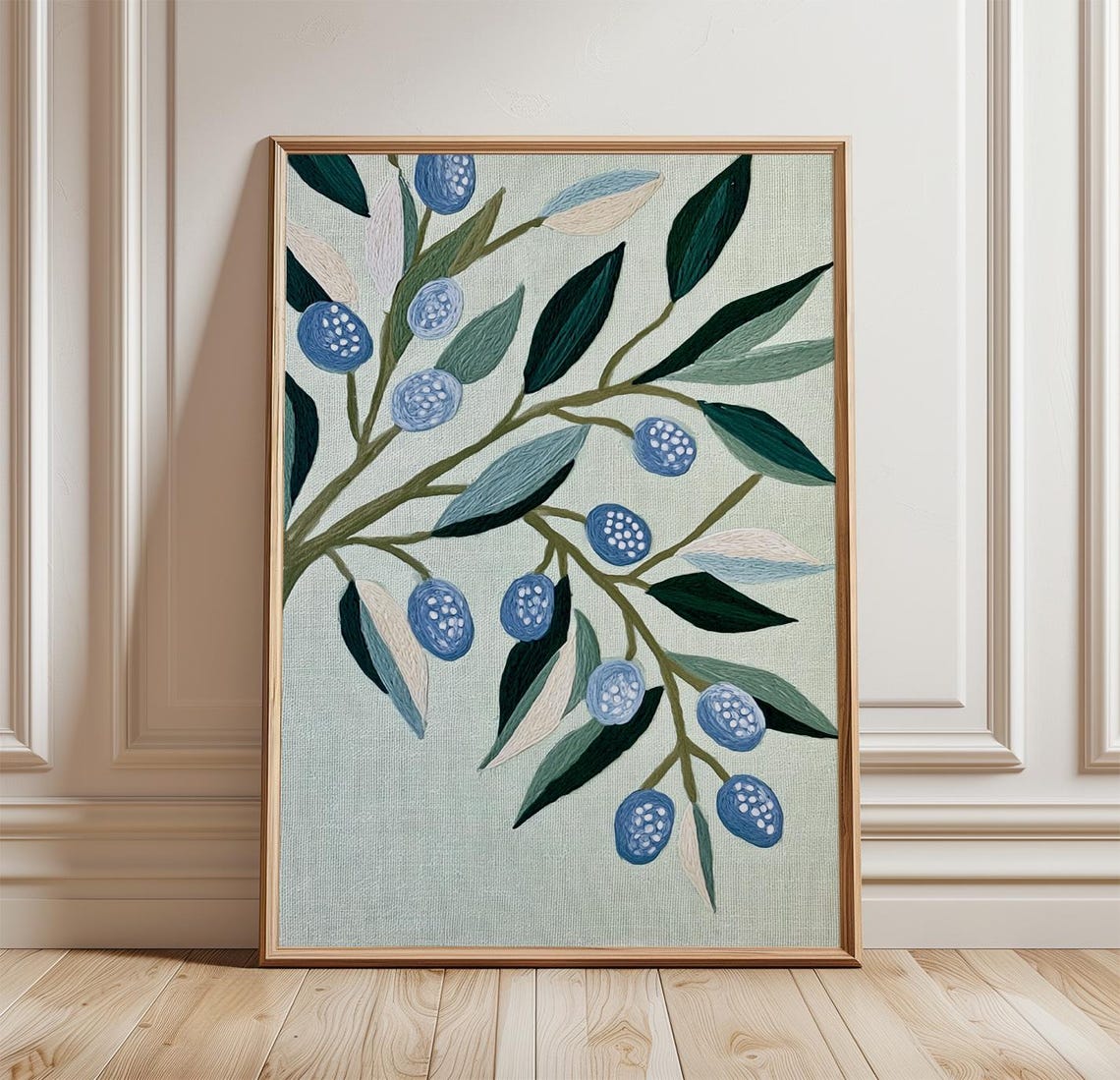 Olive Branch Blue Berries Crewel Embroidery Botanical Poster