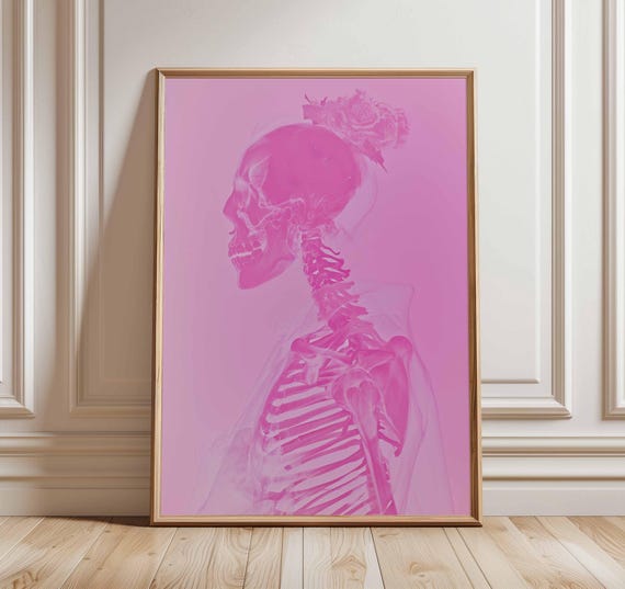 Skeleton Poster Pink Gothic Wall Art Alternative Skull Print Modern Anatomy Artwork Edgy Feminine Design Dark Home Decor
