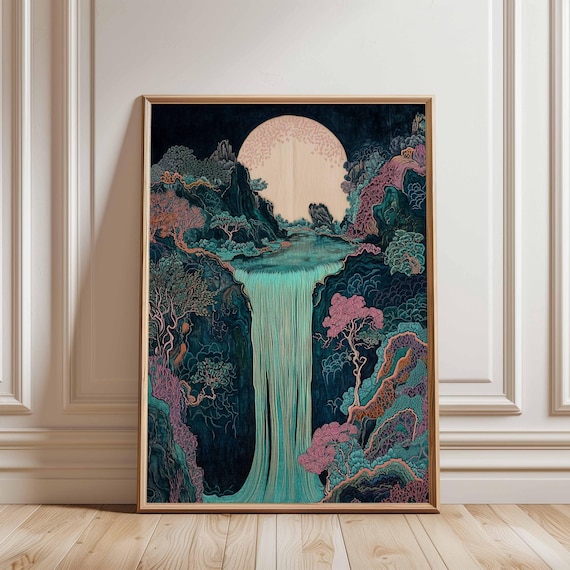 Waterfall Moon Poster, Mystical Fantasy Art Print