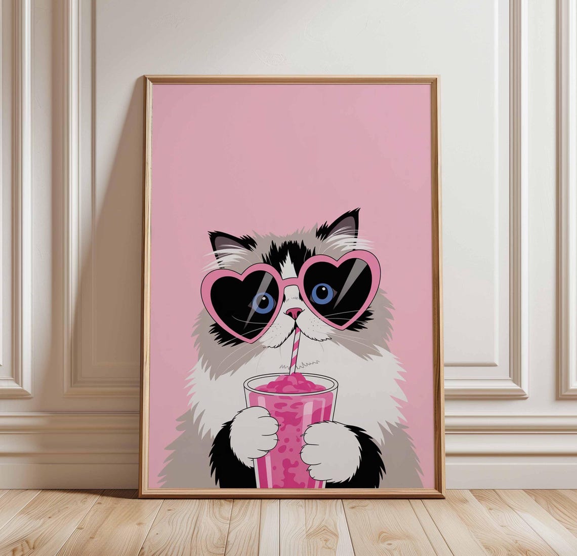 Cool Cat Pink Drink Poster Heart Glasses Funny Kitty Illustration