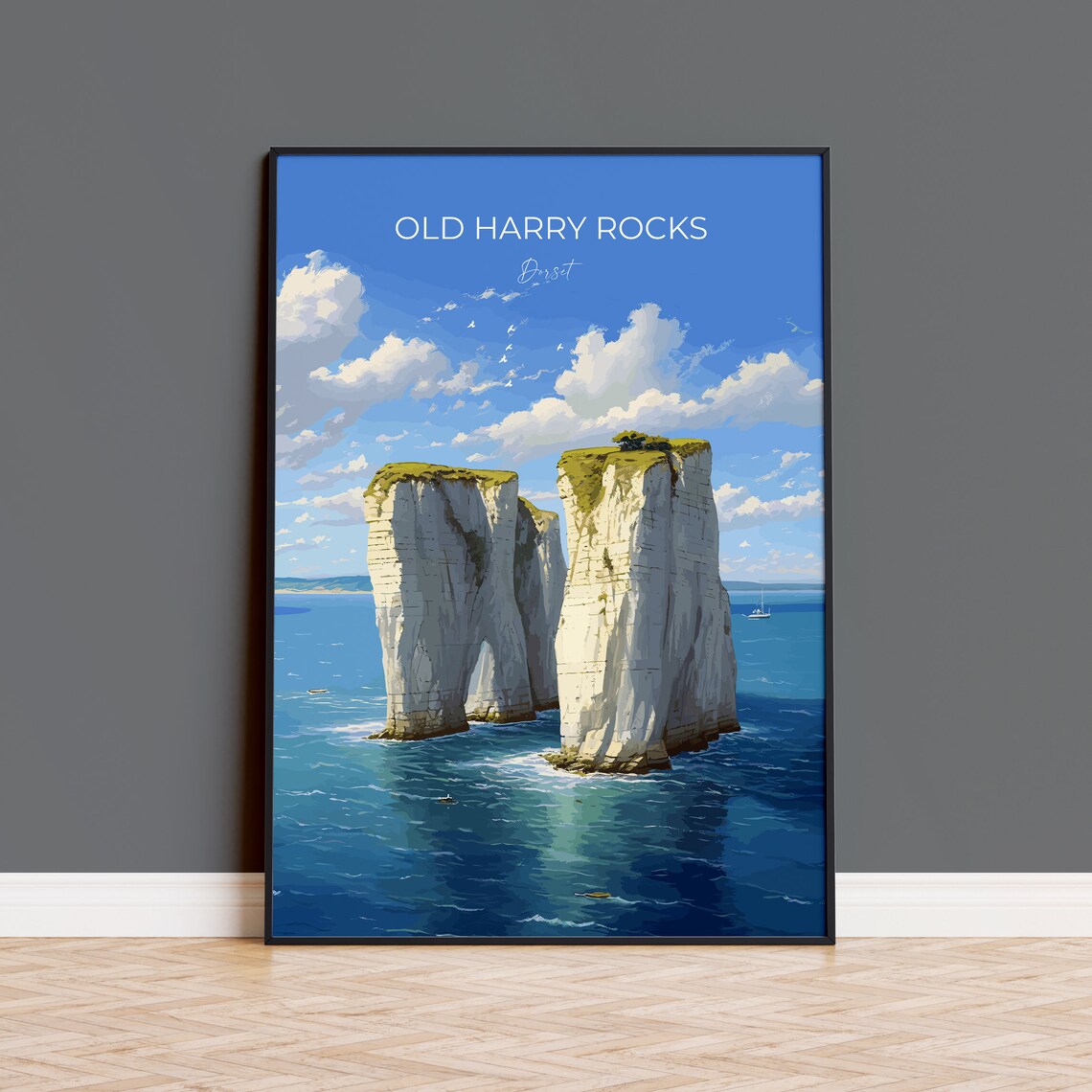 Old Harry Rocks Dorset Travel Poster White Chalk Cliffs Coast Art