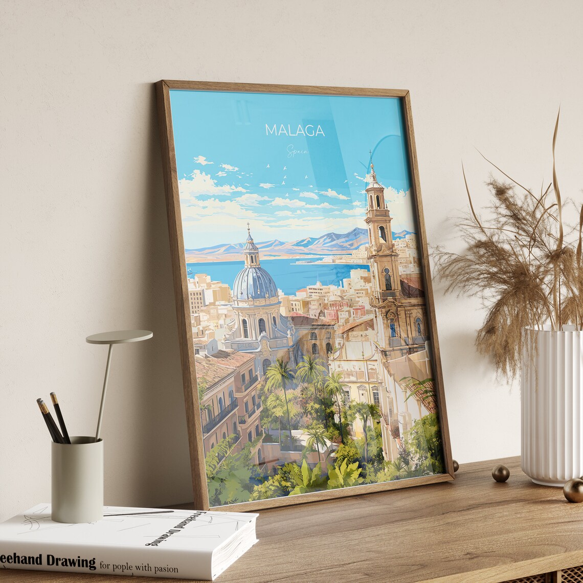 Malaga Spain City Cathedral Dome Bell Tower Over the Sea Travel Poster - Image 2