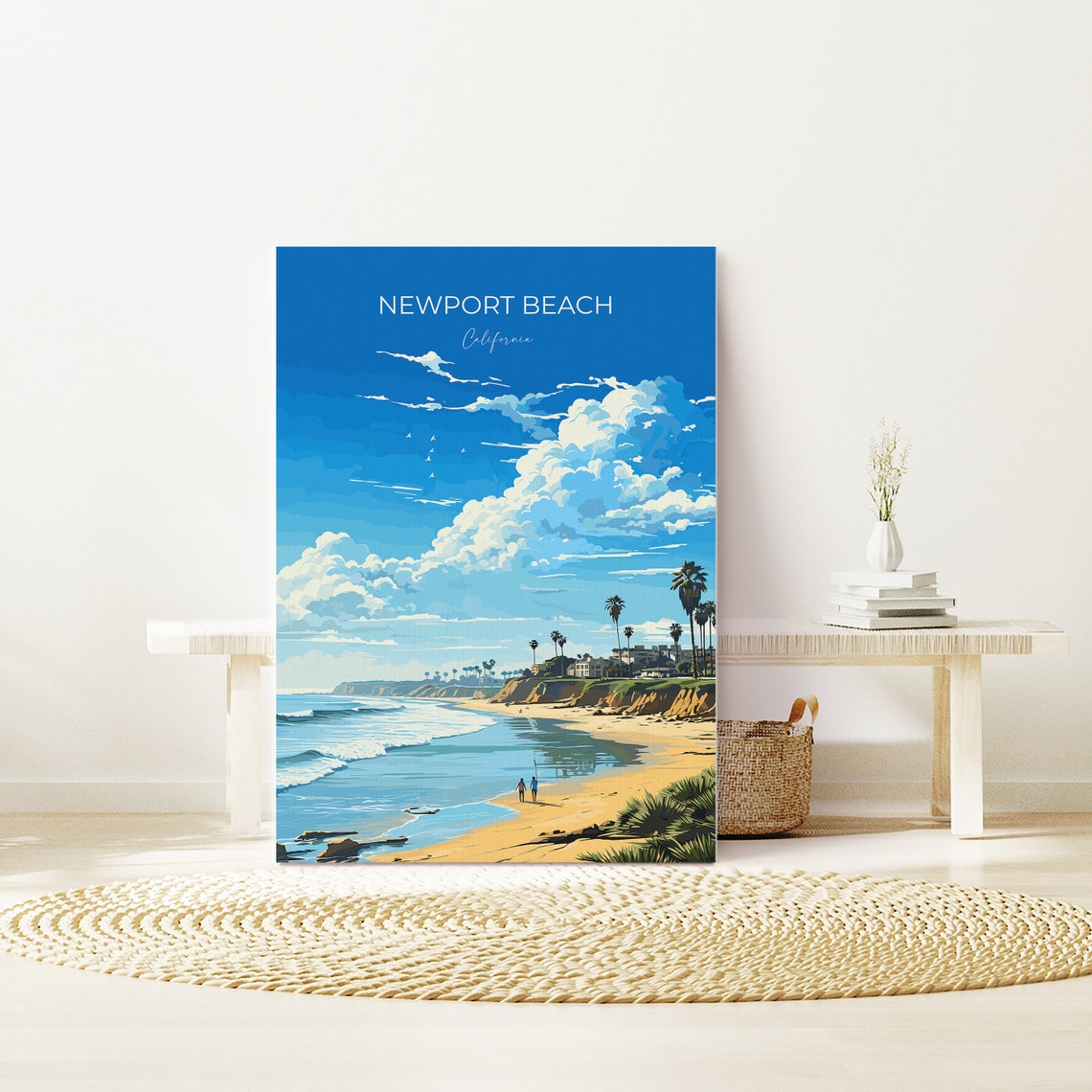 Newport Beach California Beach Walkers Palms Vintage Script Poster - Image 2