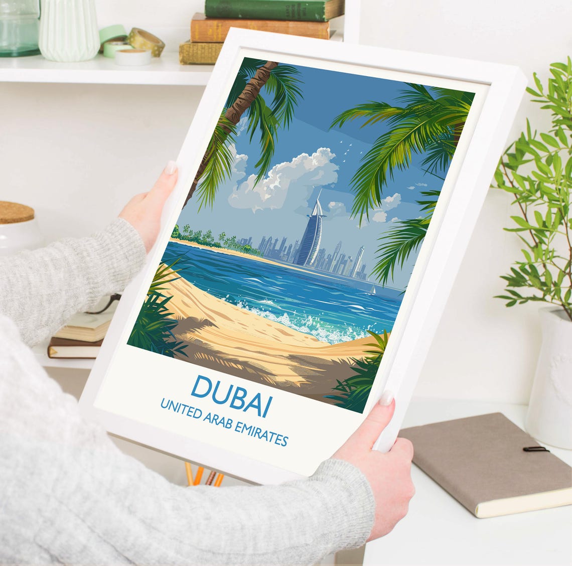 Dubai UAE Burj Al Arab Beach Palms Blue Ocean Vintage Travel Poster - Image 3