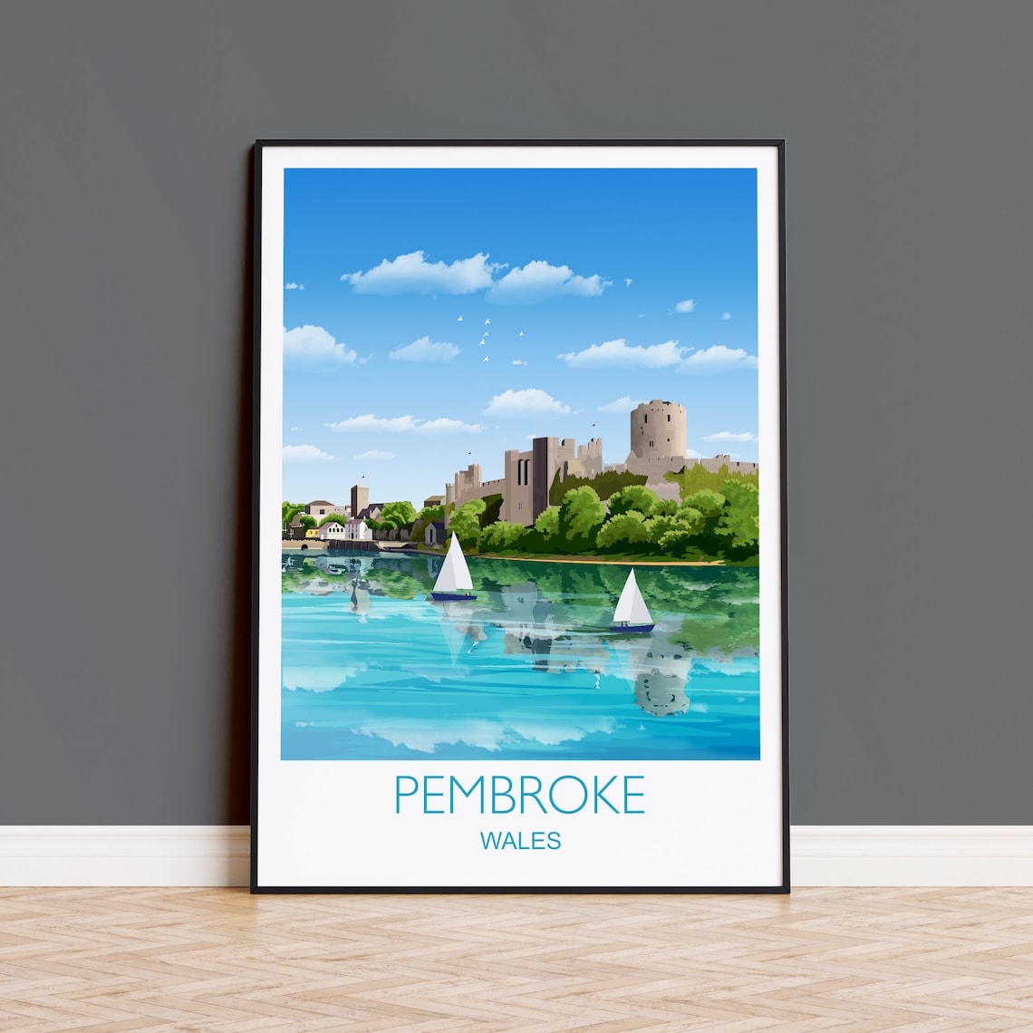 Pembroke Wales Castle River Sailboats Reflection Travel Poster Gift