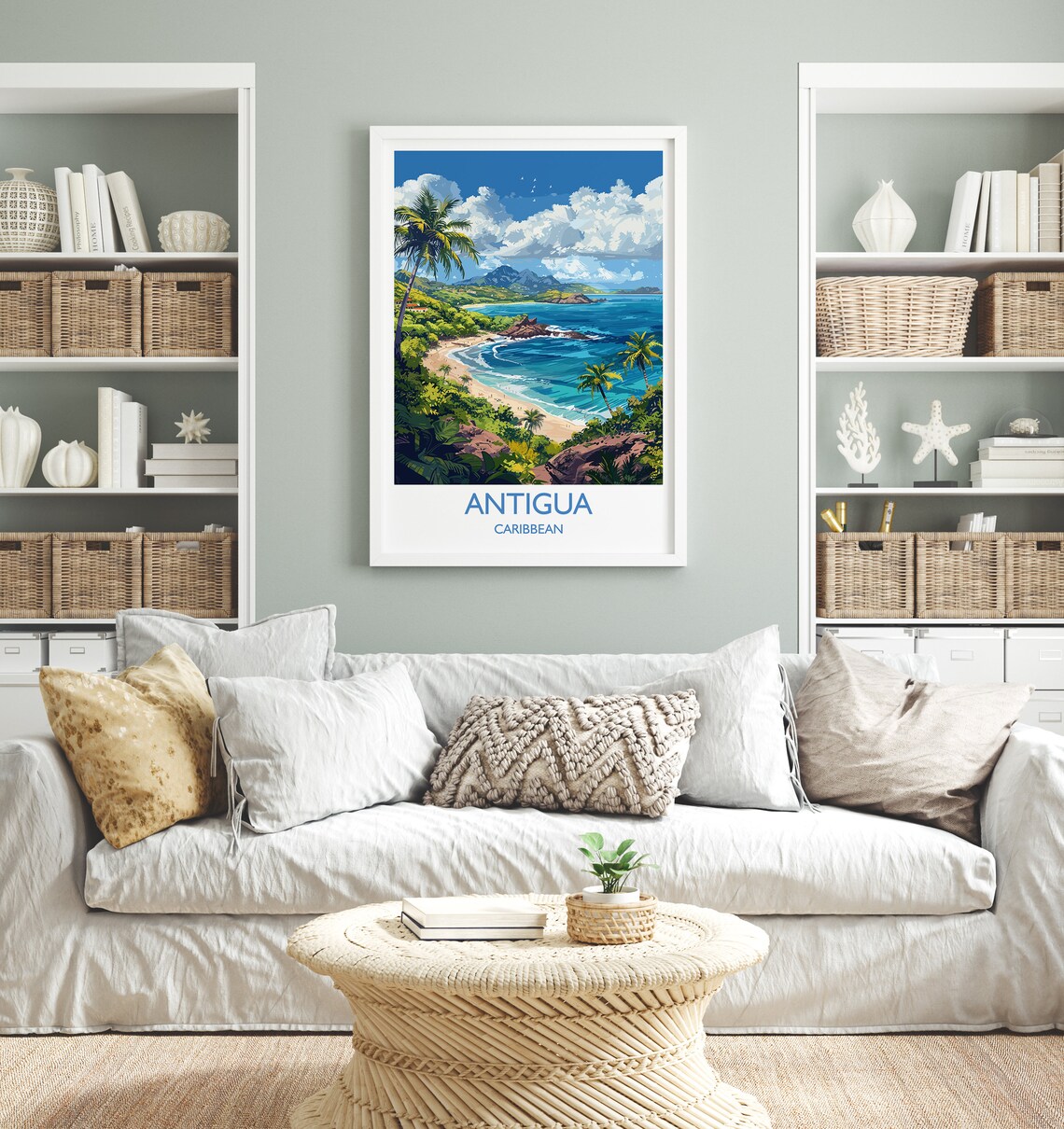Antigua Caribbean Bay Beach Palm Trees Mountain View Travel Poster - Image 2