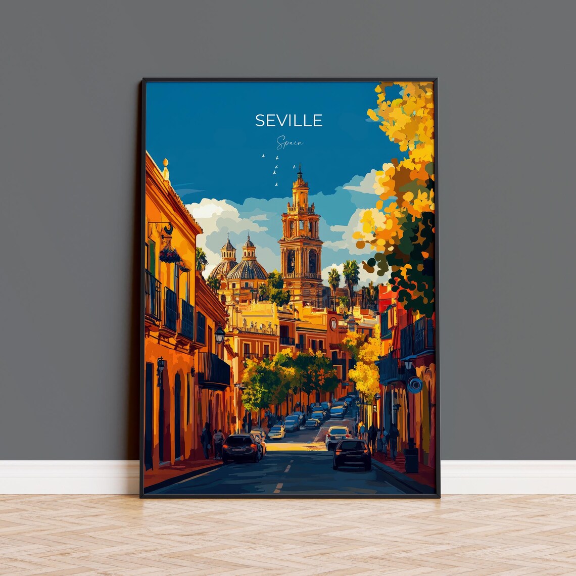 Seville Sunset Church Tower Street Top Lettered Blue Sky Poster