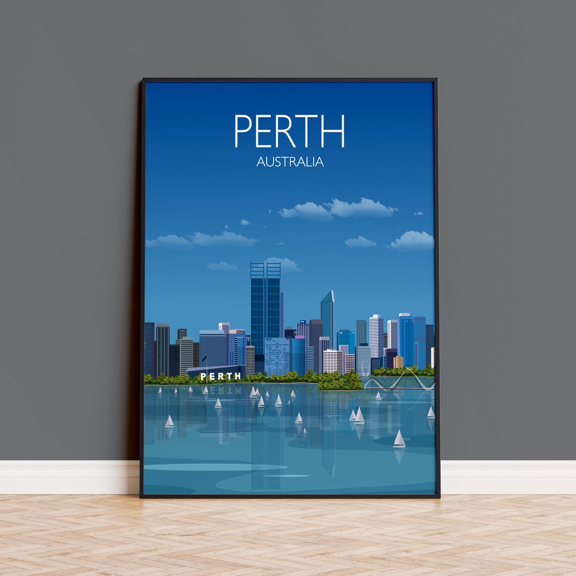 Perth Australia Skyline Travel Poster of Swan River Sailboats