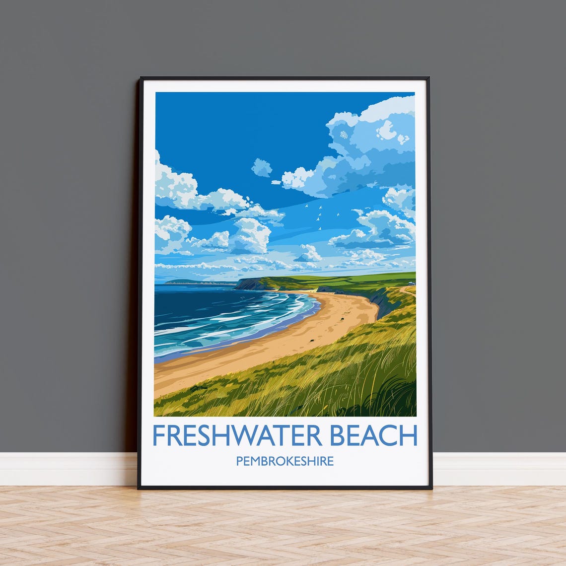 Freshwater Beach Pembrokeshire Golden Sand Retro Coastal Travel Poster