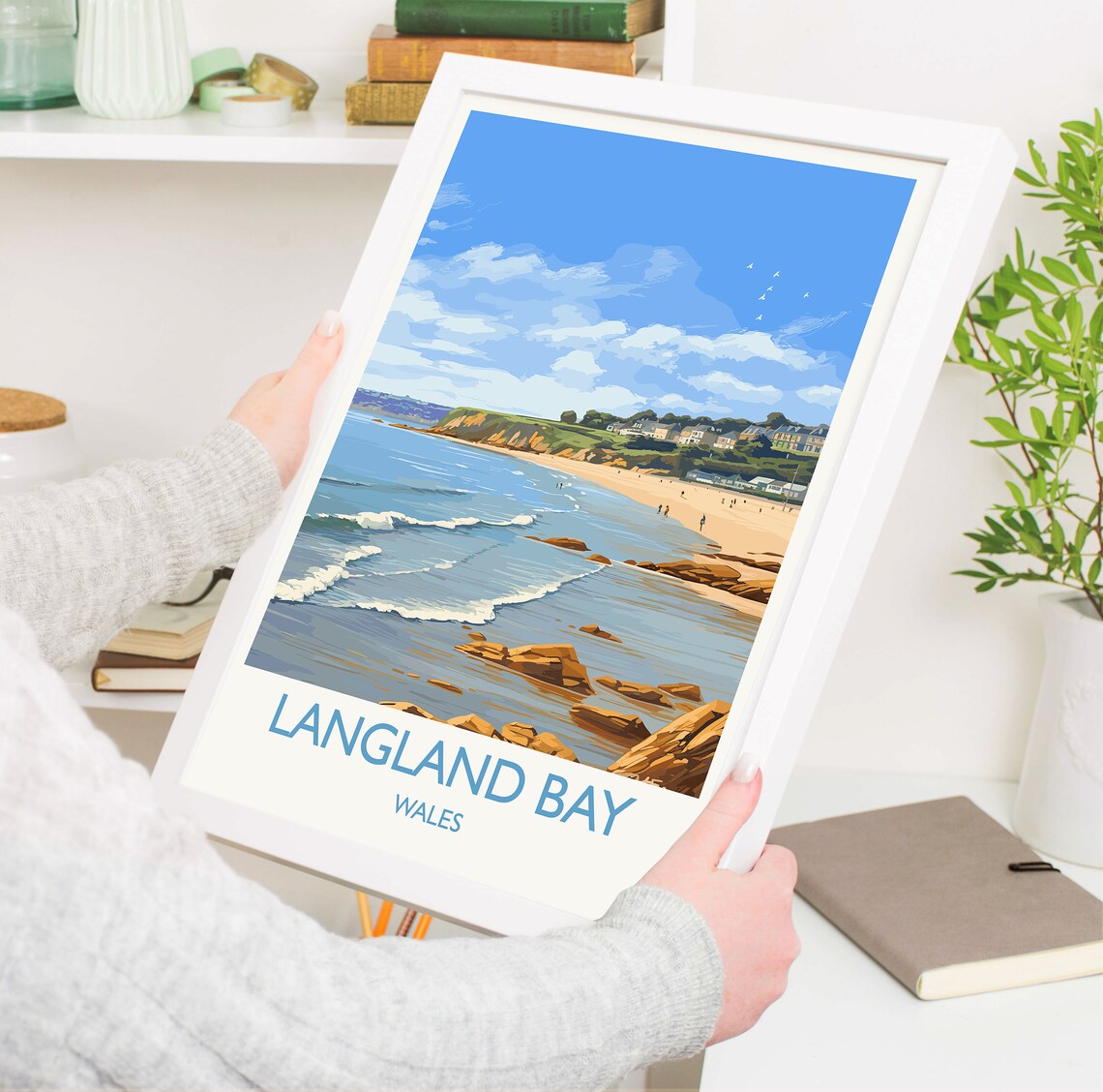Langland Bay Wales Travel Poster Rocky Coast Surf Ocean Scene - Image 5