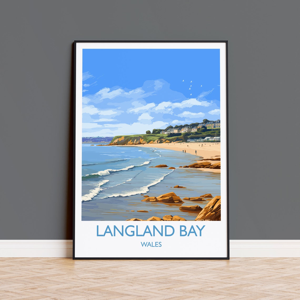 Langland Bay Wales Travel Poster Rocky Coast Surf Ocean Scene