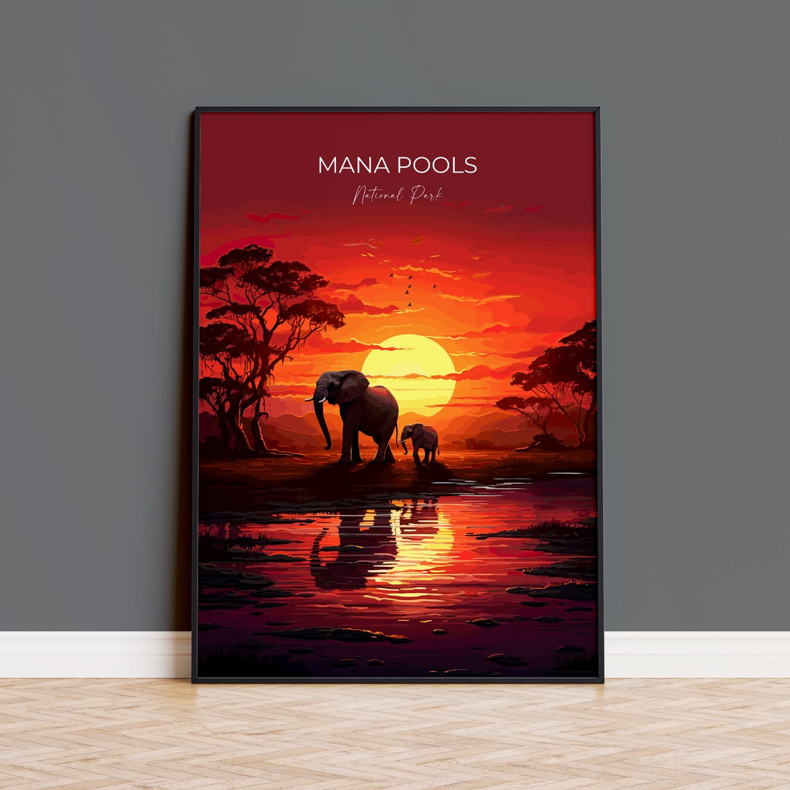 Mana Pools National Park Elephant Sunset Waterhole Art Poster
