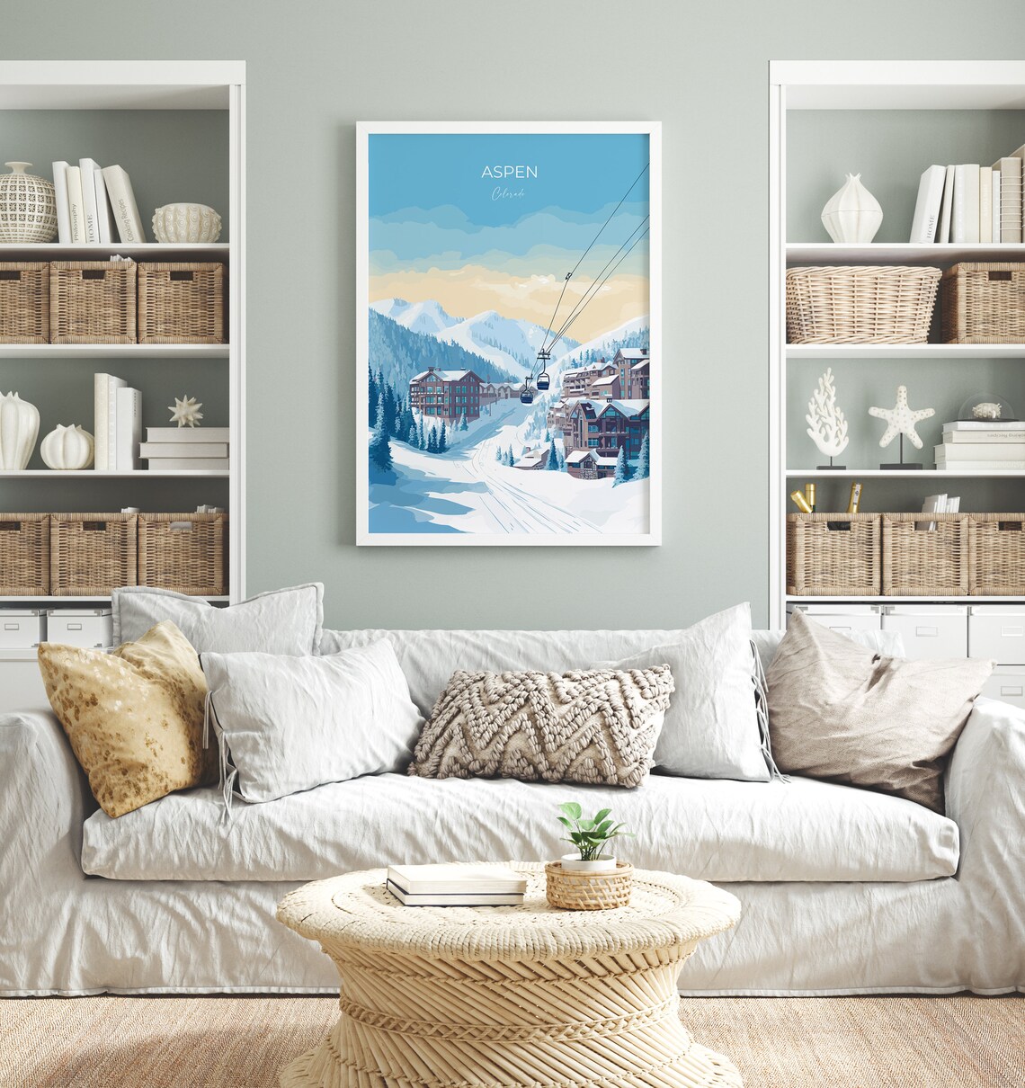Aspen Colorado Snowy Ski Village Gondola Winter Travel Poster - Image 4