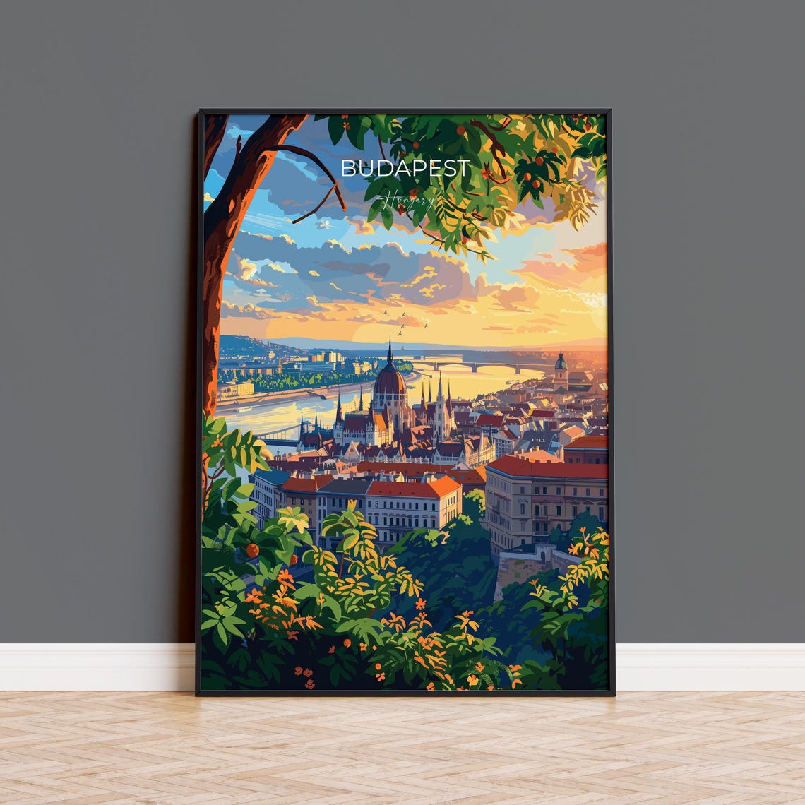 Budapest Golden Sunset River Skyline Panoramic View Travel Poster