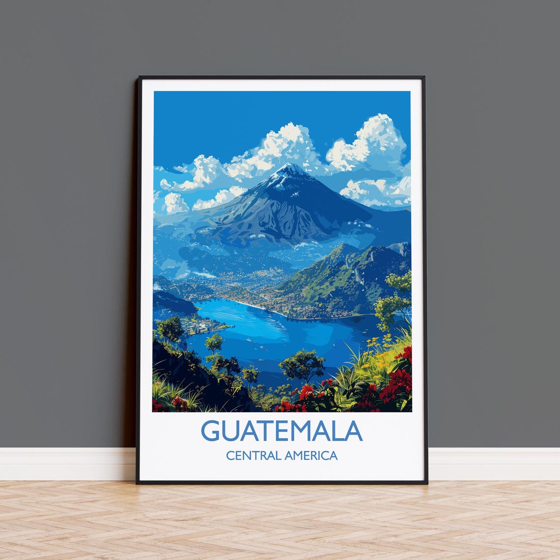 Guatemala Volcano And Blue Lake Poster With White Border Design