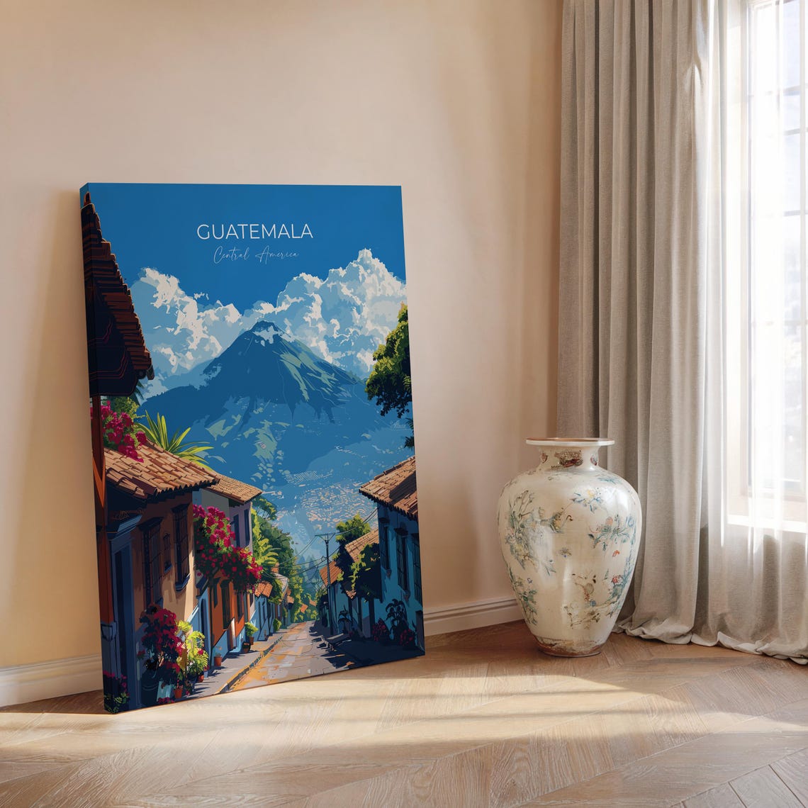 Antigua Colonial Street With Volcano Guatemala Travel Poster - Image 2