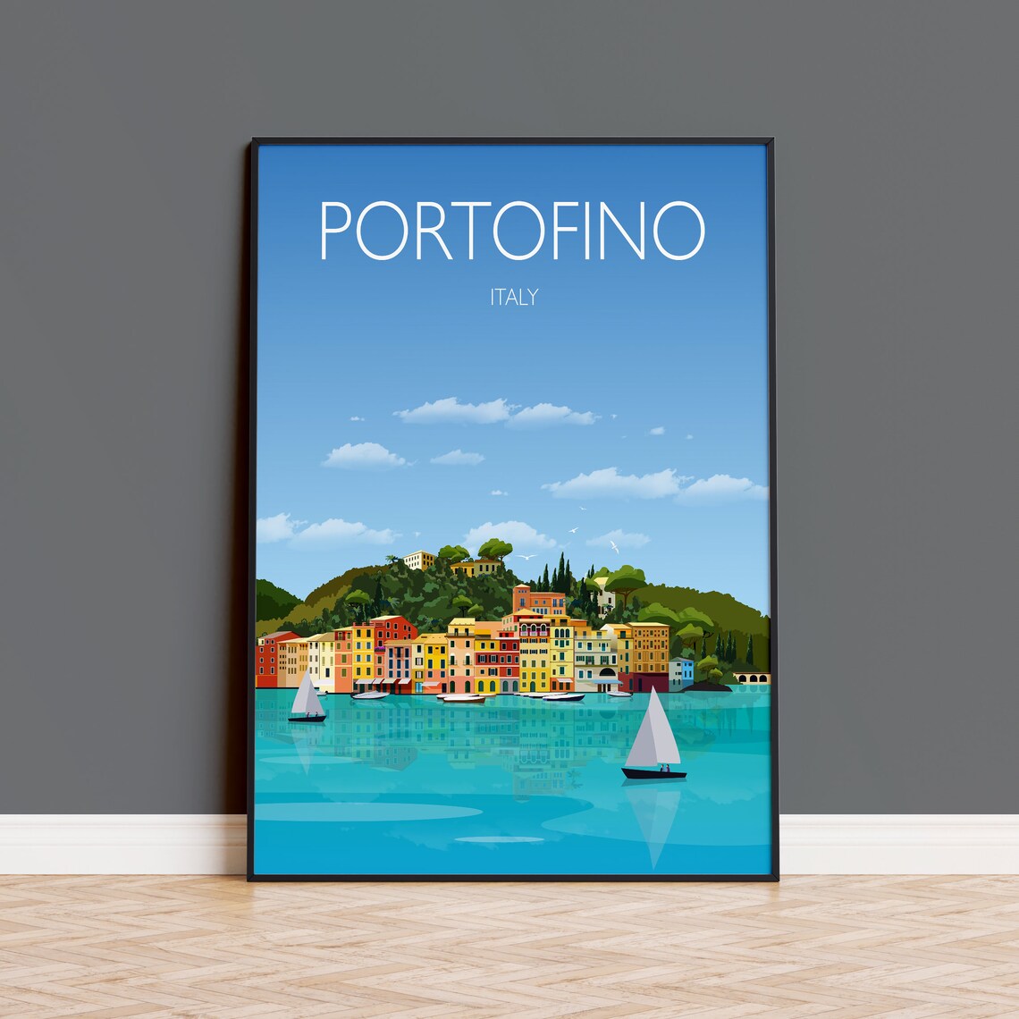 Portofino Italy Harbor Travel Poster of Colorful Village Sailboats