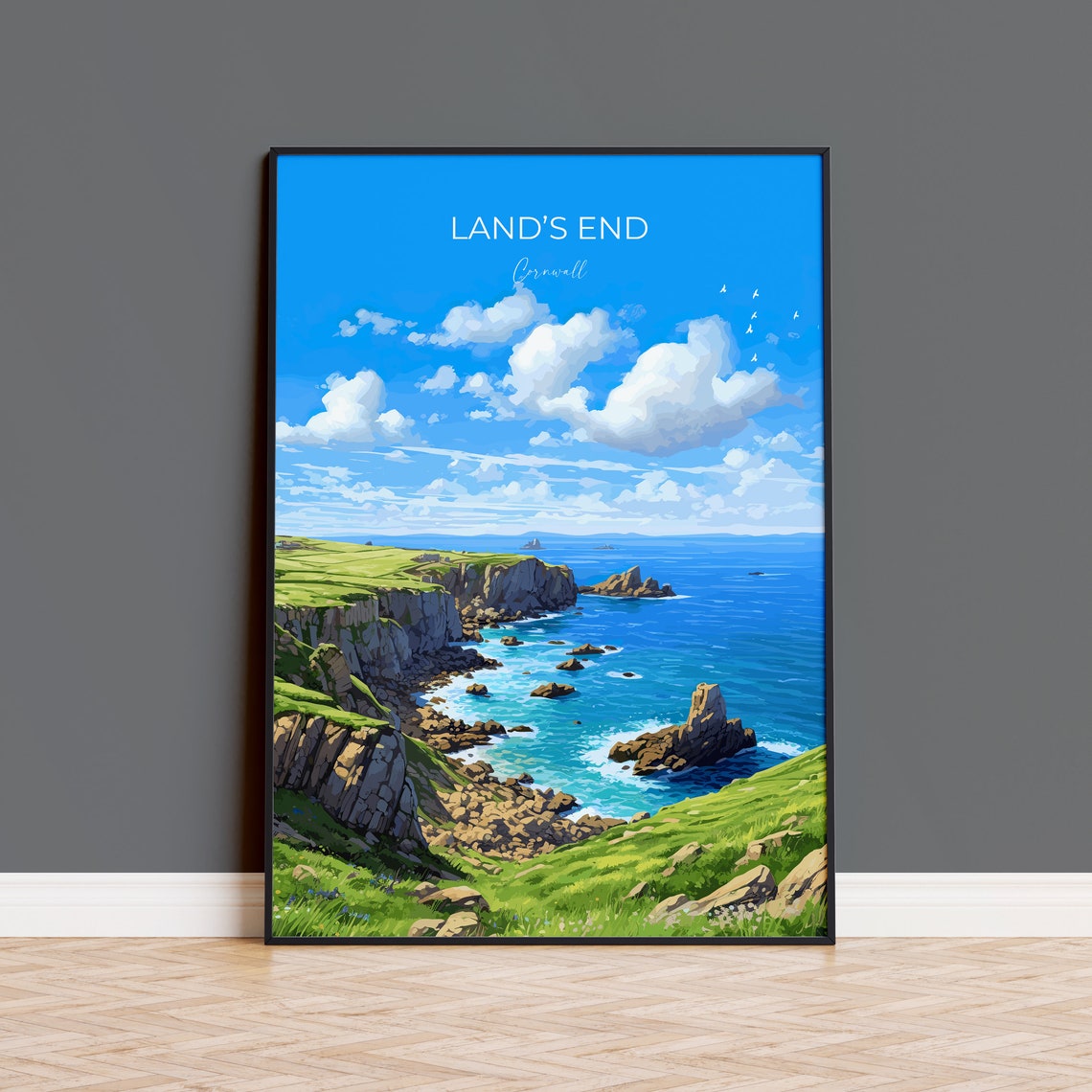 Land's End Cornwall Coastal Cliffs Beach Huts Blue Sky Travel Poster