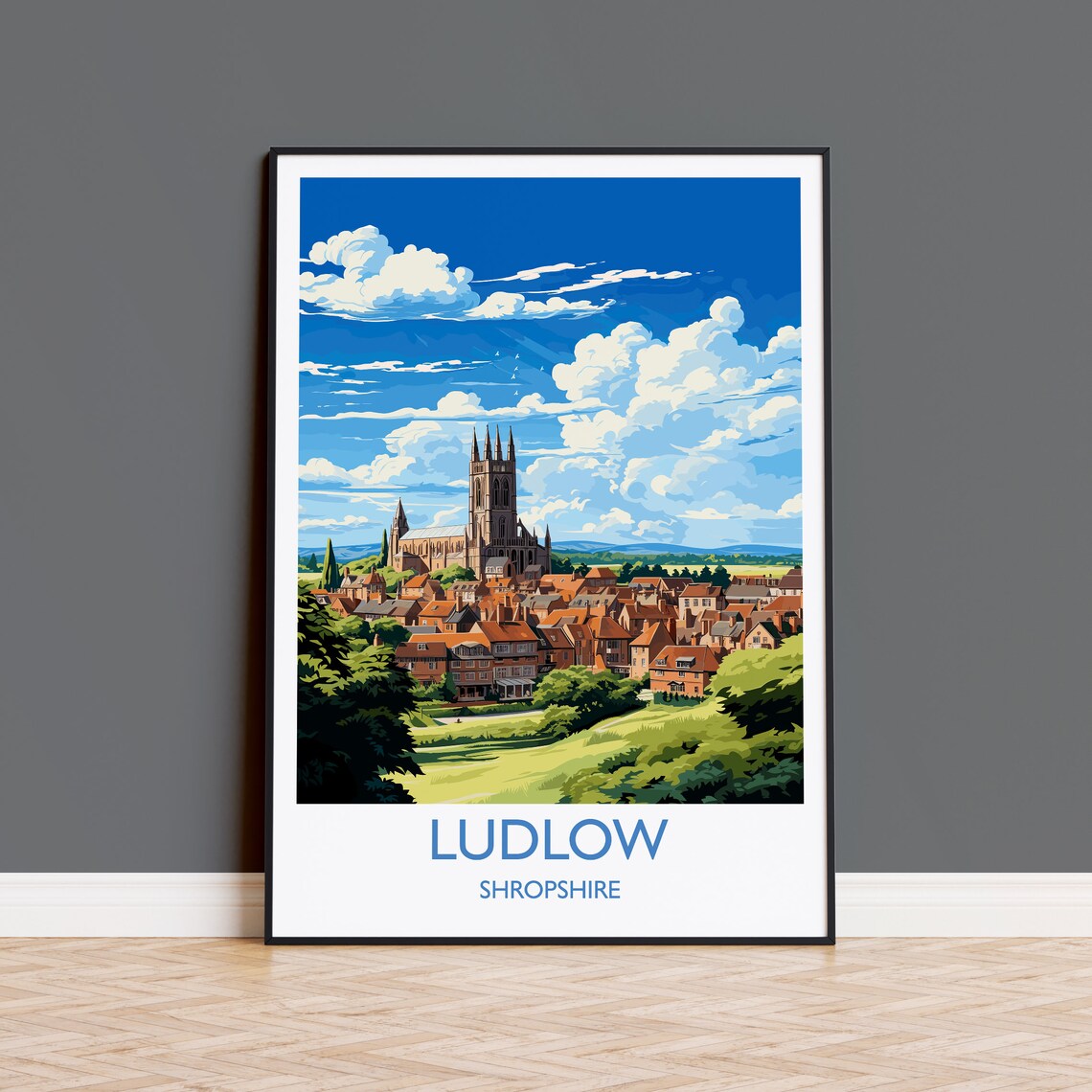 Ludlow Shropshire Historic Church Tower Rooftops Vintage Poster