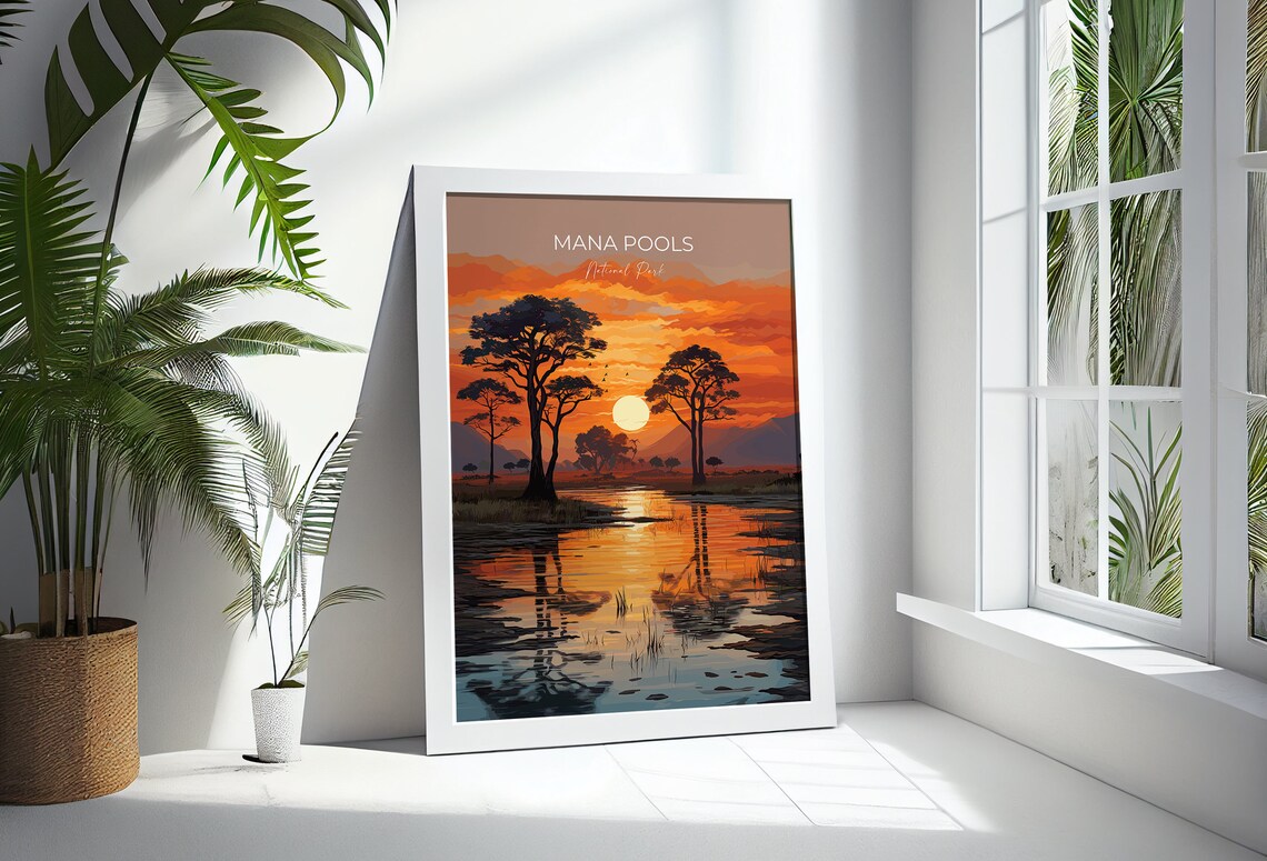 Mana Pools National Park Fiery Sunset Over Water Travel Poster - Image 2